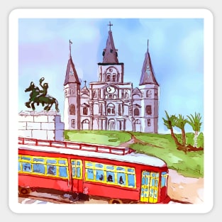 St. Louis Cathedral, and street car as seen in Jackson Square New Orleans Sticker